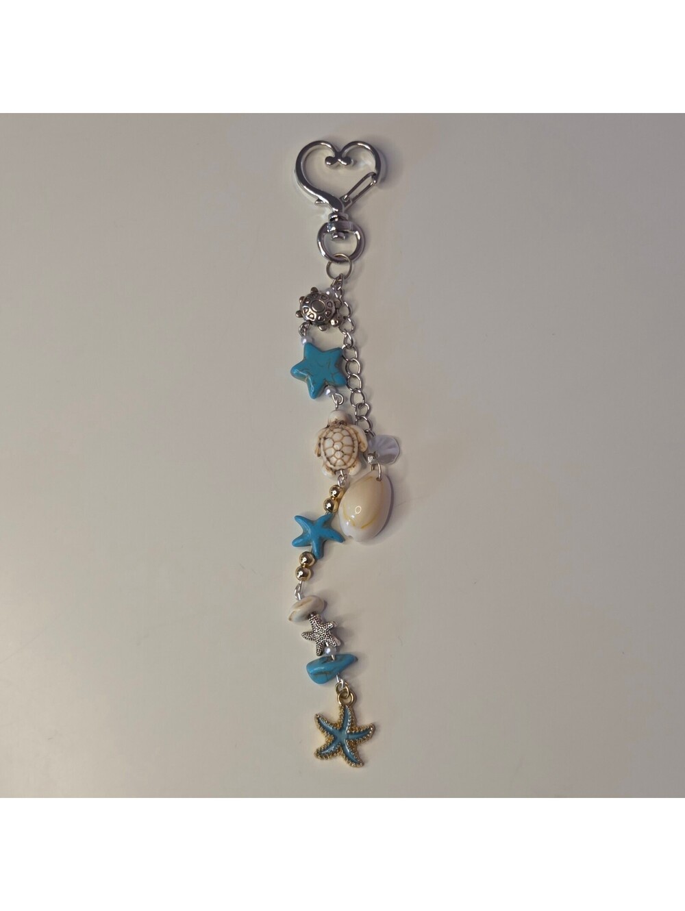 Handmade Blue & White Beach Key Chain w/ Sea Turtle, Shells & Starfish Charms